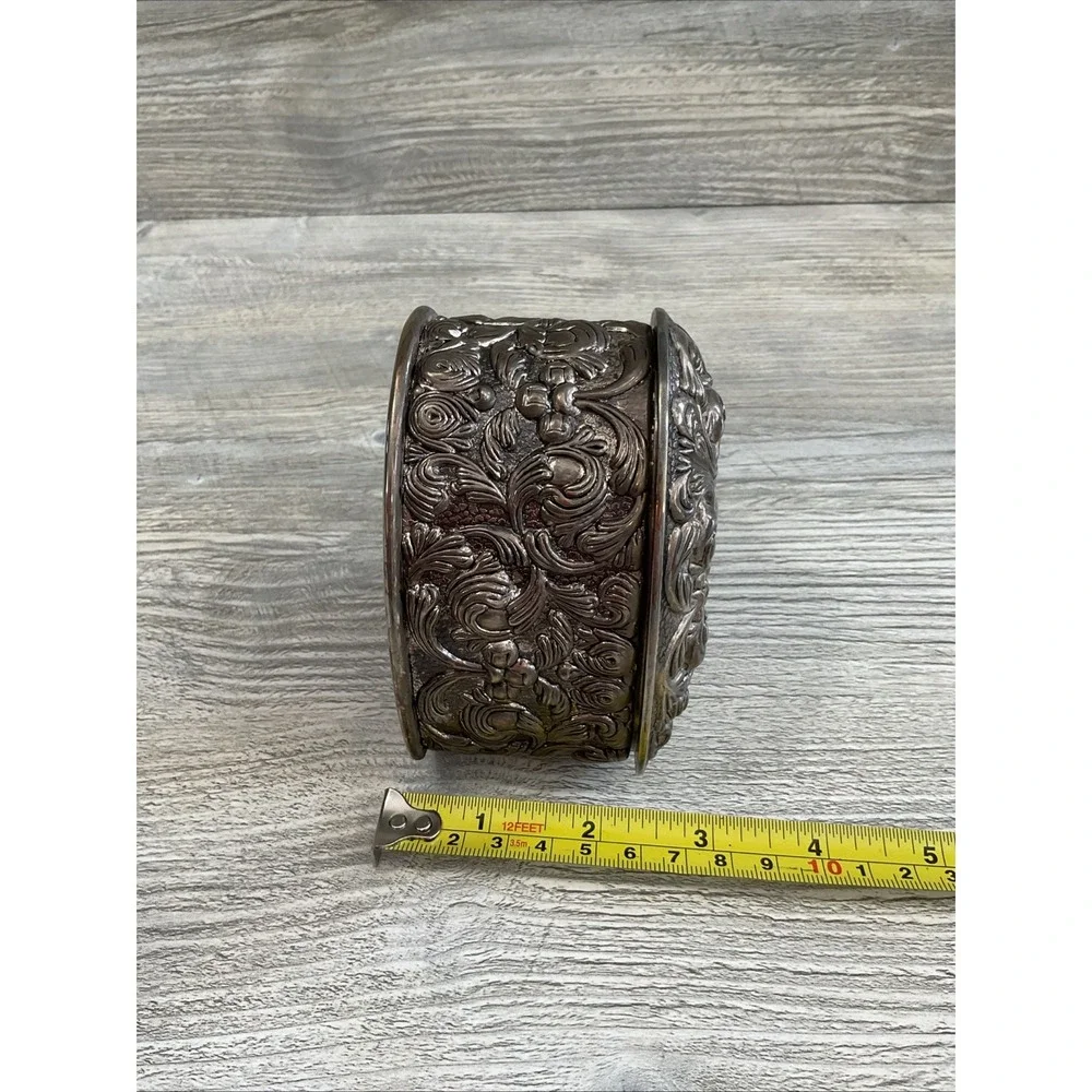Vintage Heart Shaped Silver Tone Trinket Jewelry Box Blue Velvet Lined Embossed